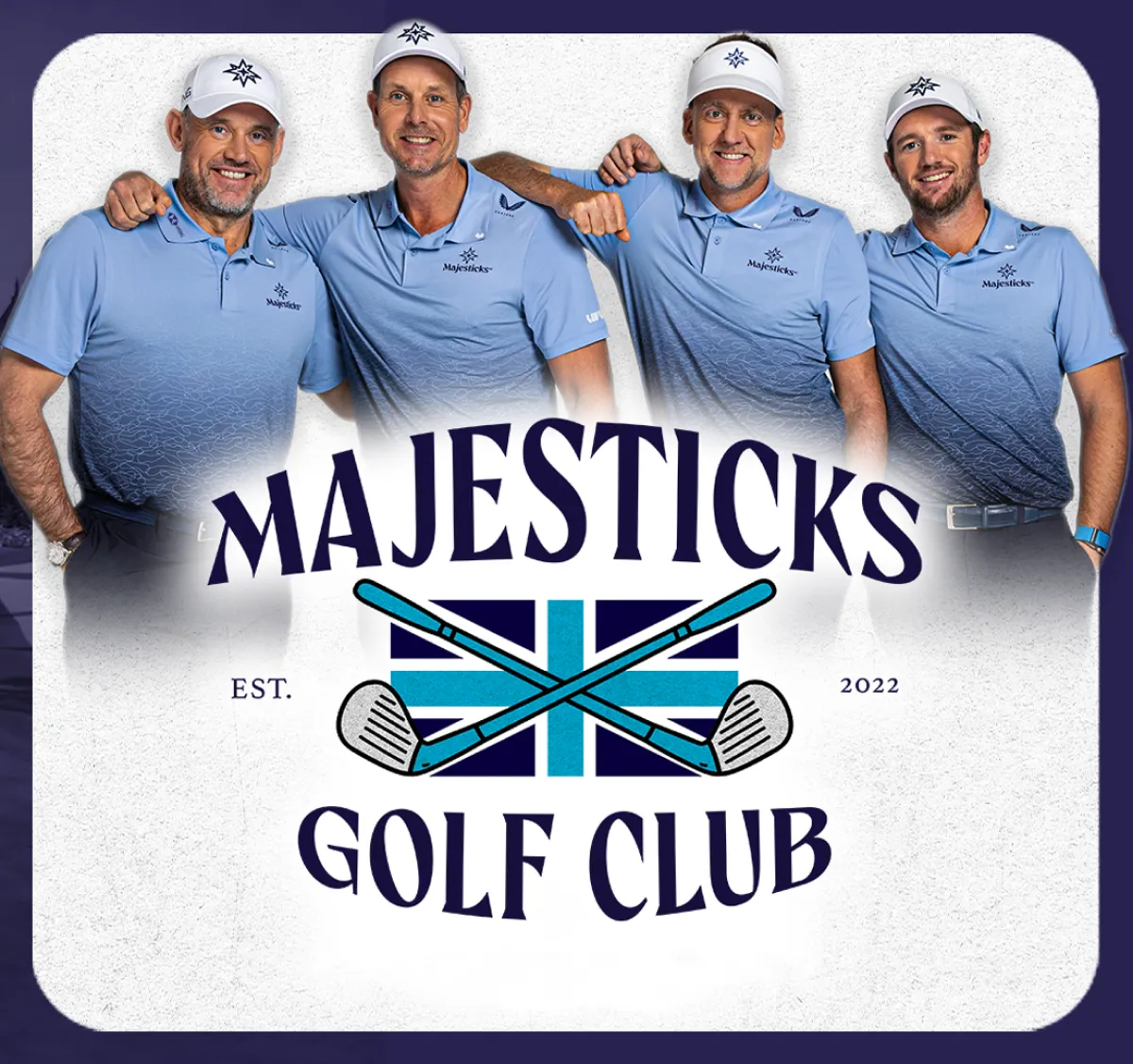 Four men in blue shirts and caps stand together, smiling, with "Majesticks Golf Club" logo in front. Golf clubs and British flag emblem included.