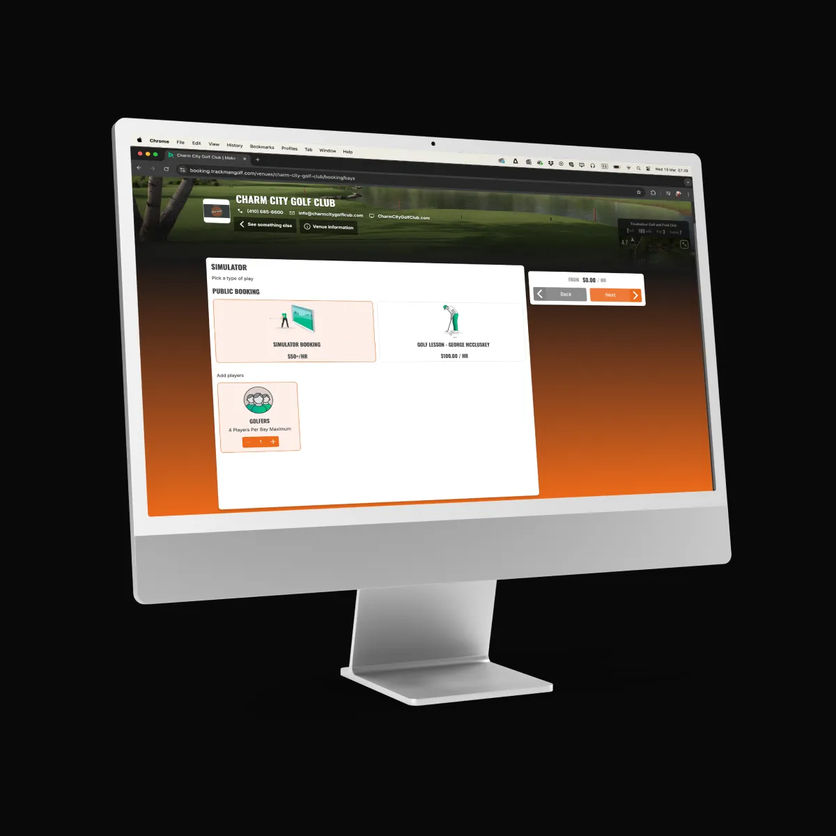 Computer monitor displaying a golf club website interface with options for booking simulator sessions, set against a black background.