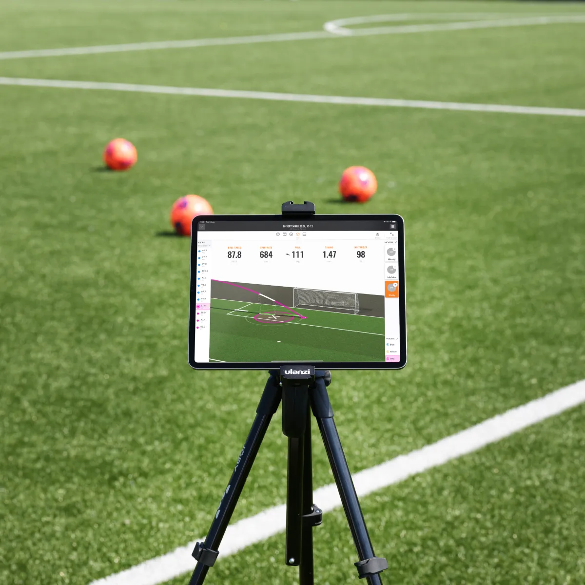 Tablet on tripod displaying soccer analytics on a field with three orange soccer balls in the background.
