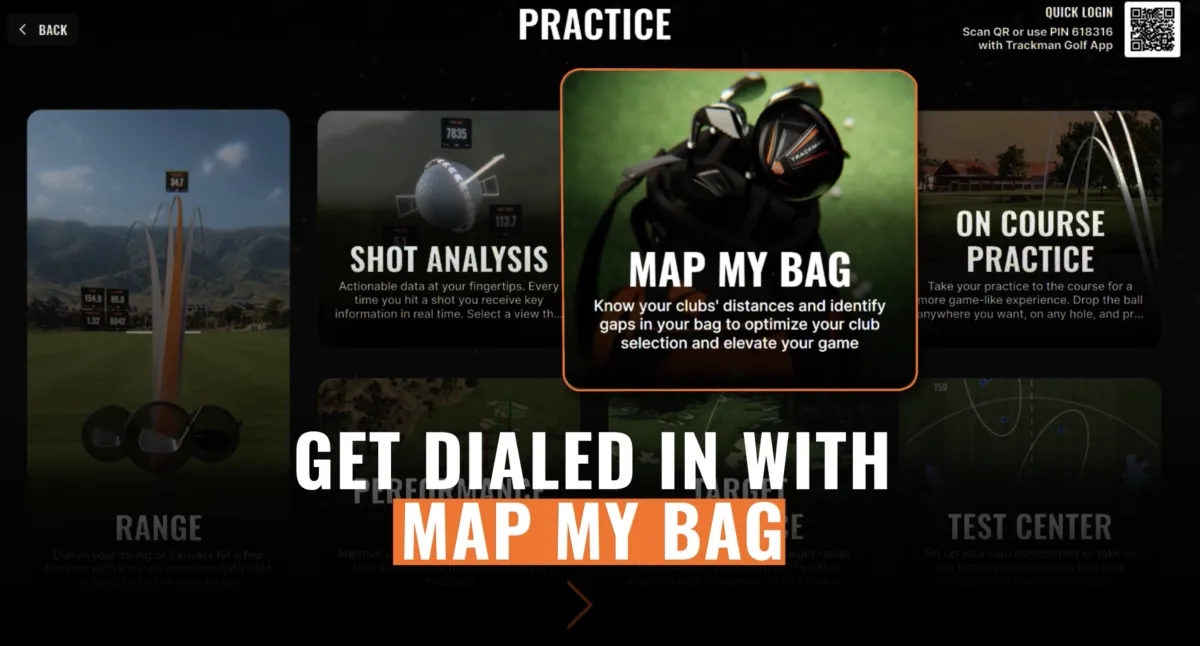 Golf practice app interface showing "Map My Bag" feature with a golf club image, promoting club selection optimization.