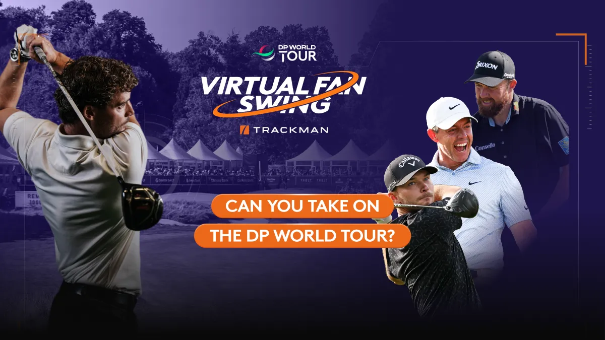 Golfers swinging on a course, with the text "Virtual Fan Swing" and "Can you take on the DP World Tour?" displayed.