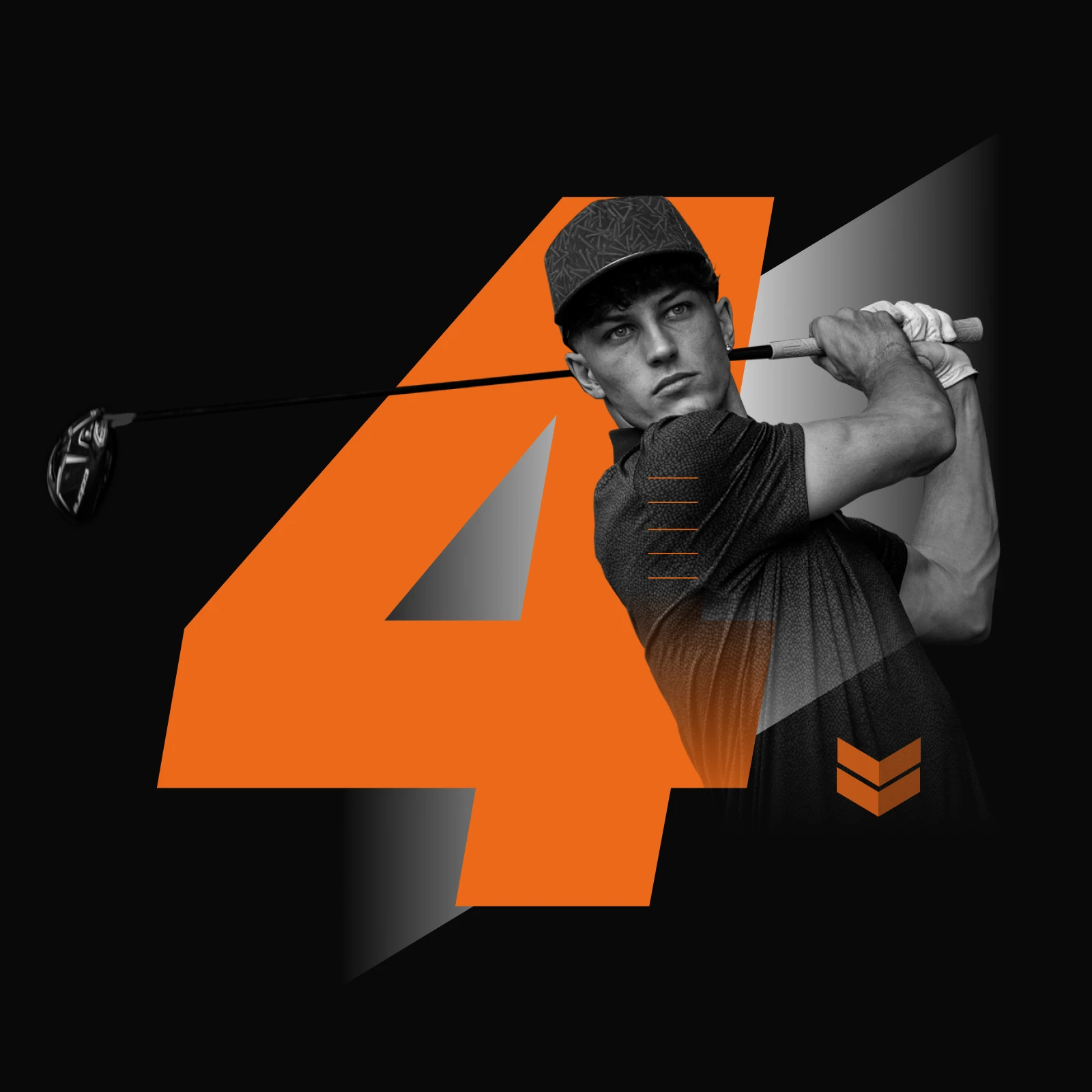 Golfer in mid-swing against a large orange number 4 on a black background, wearing a cap and dark shirt.