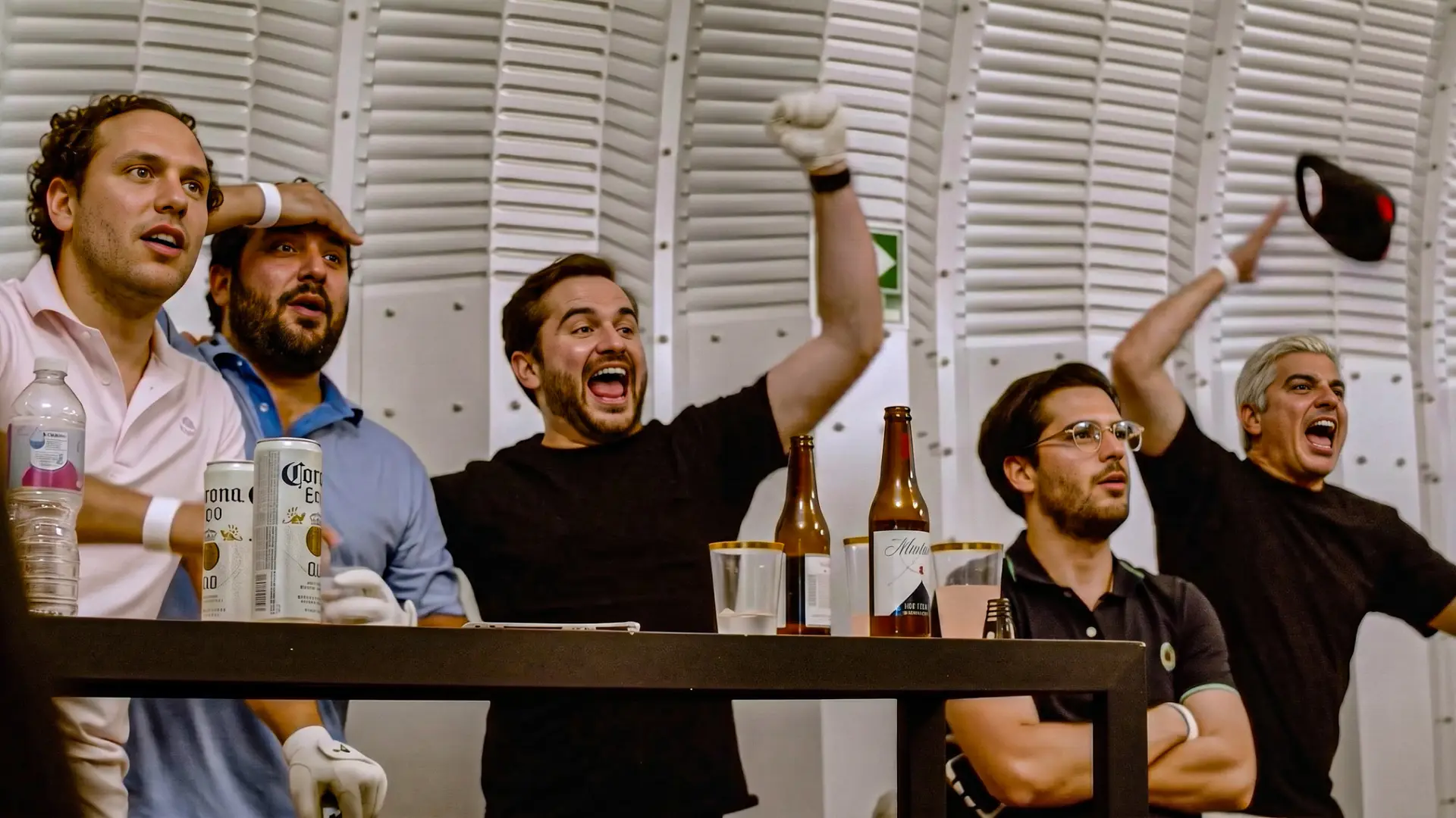 Five men reacting excitedly at an event, with drinks and bottles on the table. One raises a fist, another throws a hat.