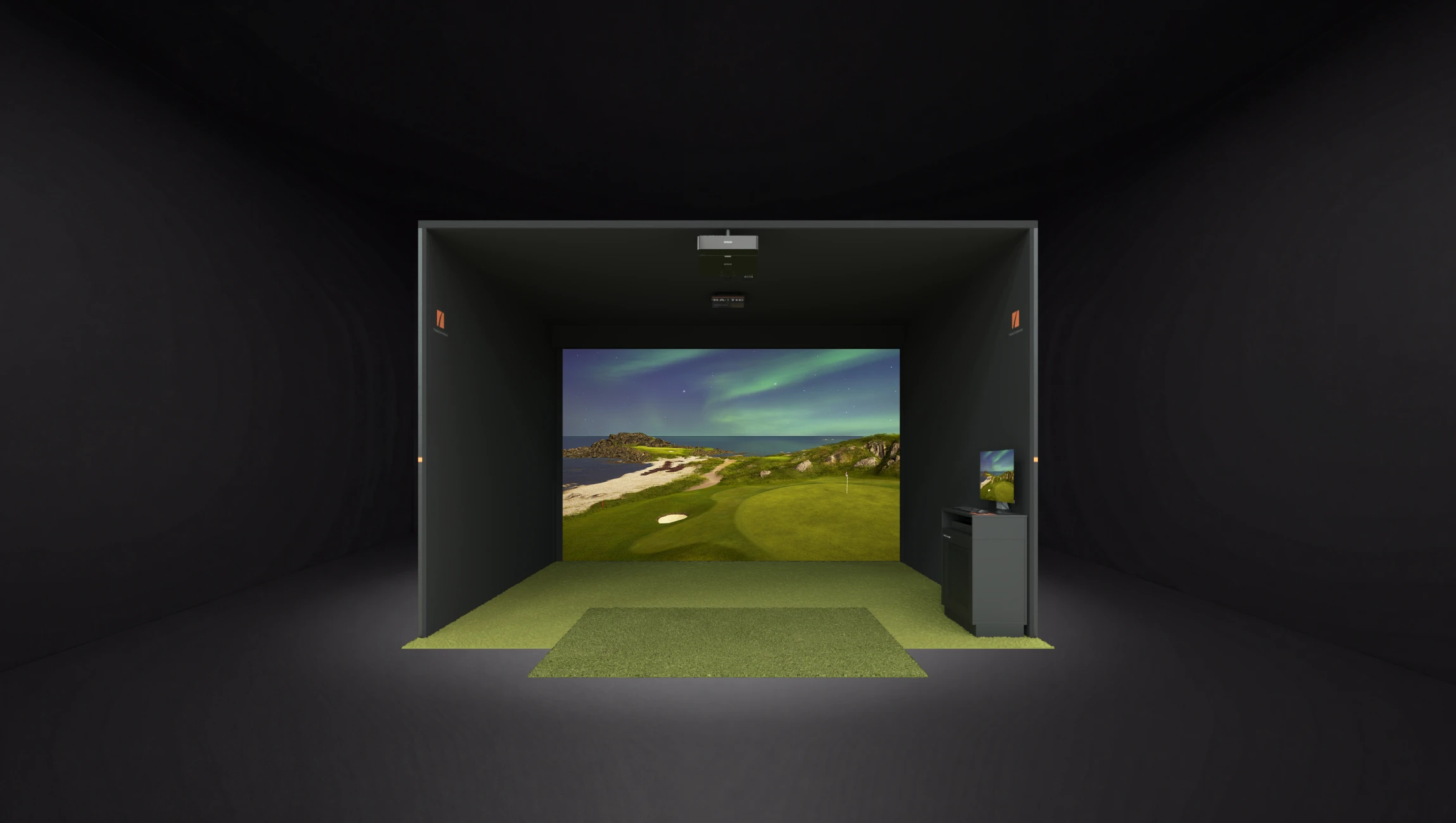 Indoor golf simulator with a scenic virtual golf course on the screen, featuring a green mat and a control console to the side.