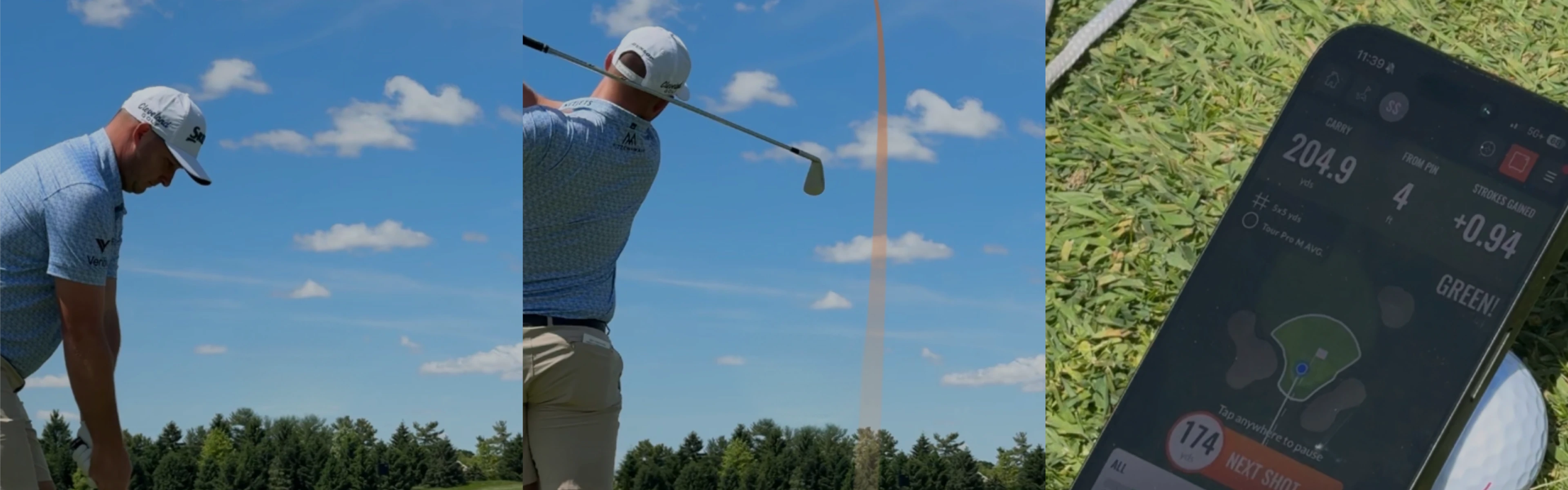 A golfer swings on a clear day; a smartphone displays swing stats such as distance of 204.9 yards and strokes gained of +0.94.