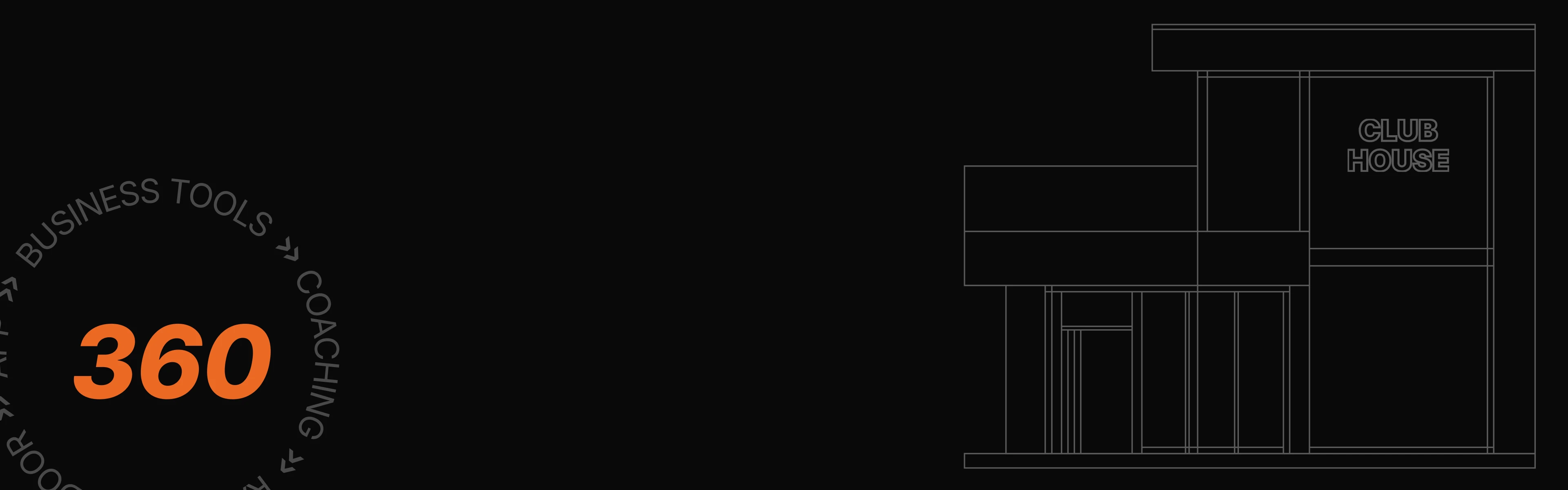 Minimalist line drawing of a building labeled "Club House" on a black background, with circular text and "360" in orange on the left.
