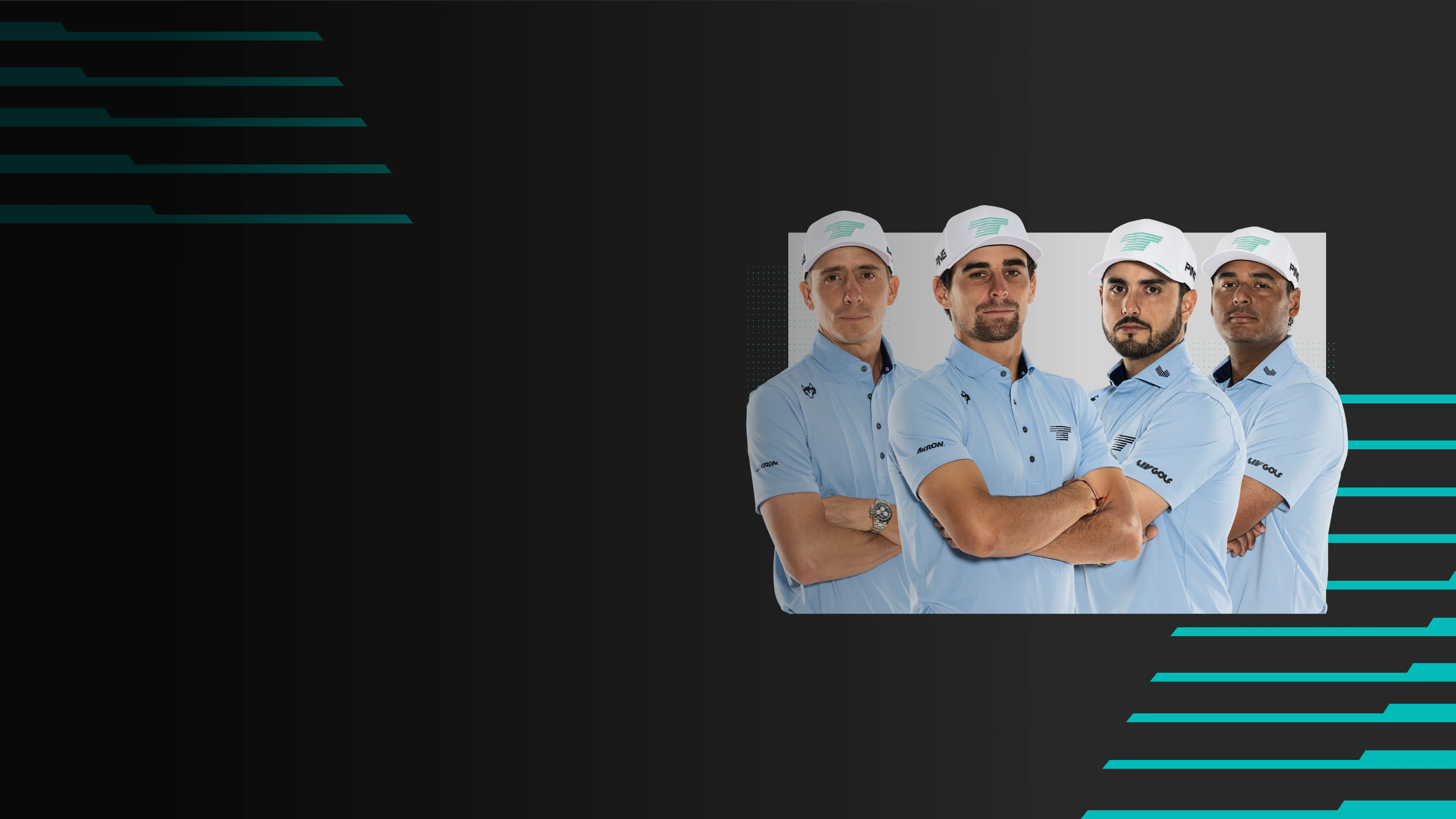 Four men in light blue shirts and white caps stand with arms crossed, set against a black background with teal accents.