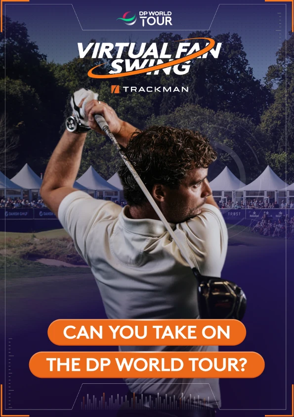 A golfer swings a club on a course with tents and trees in the background. Text reads "Virtual Fan Swing" and "Can you take on the DP World Tour?"