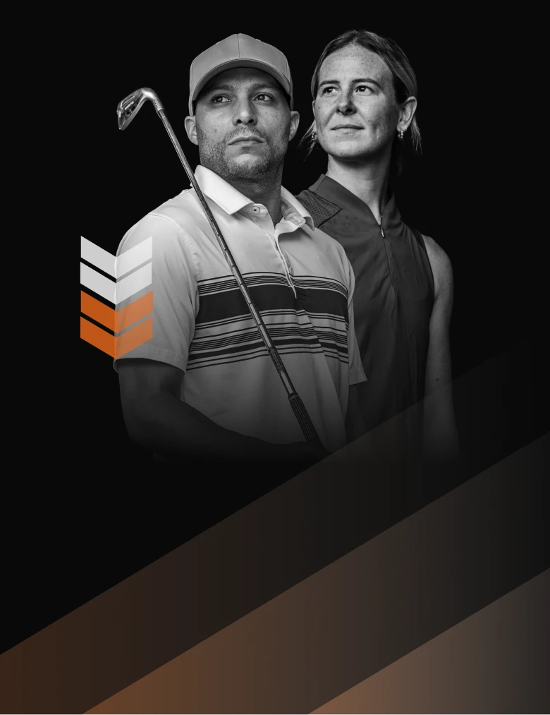 Two golfers in monochrome, one holding a club. The backdrop is dark with chevron stripes.
