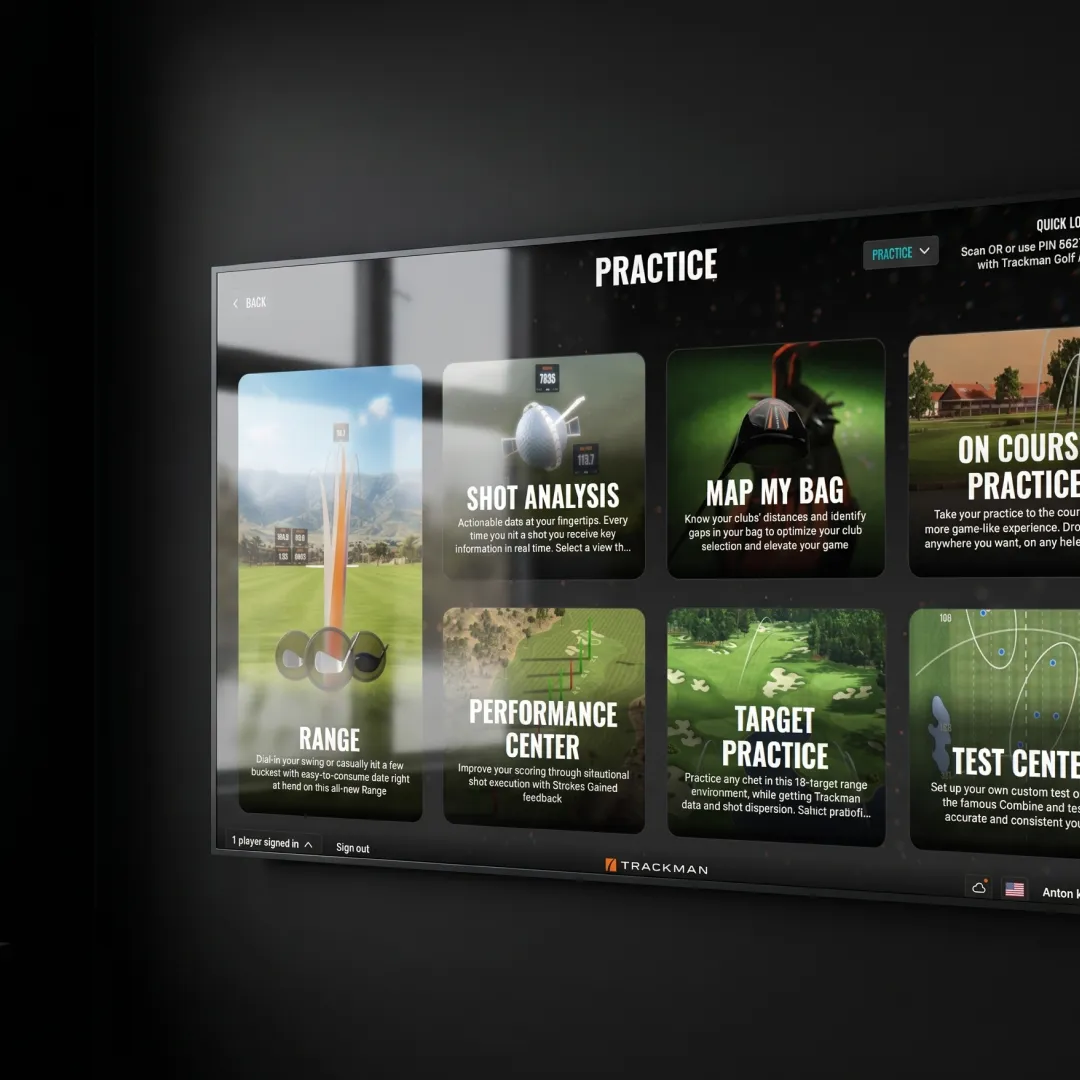 A screen displaying various golf training options like shot analysis, performance center, and test center under the "Practice" section.