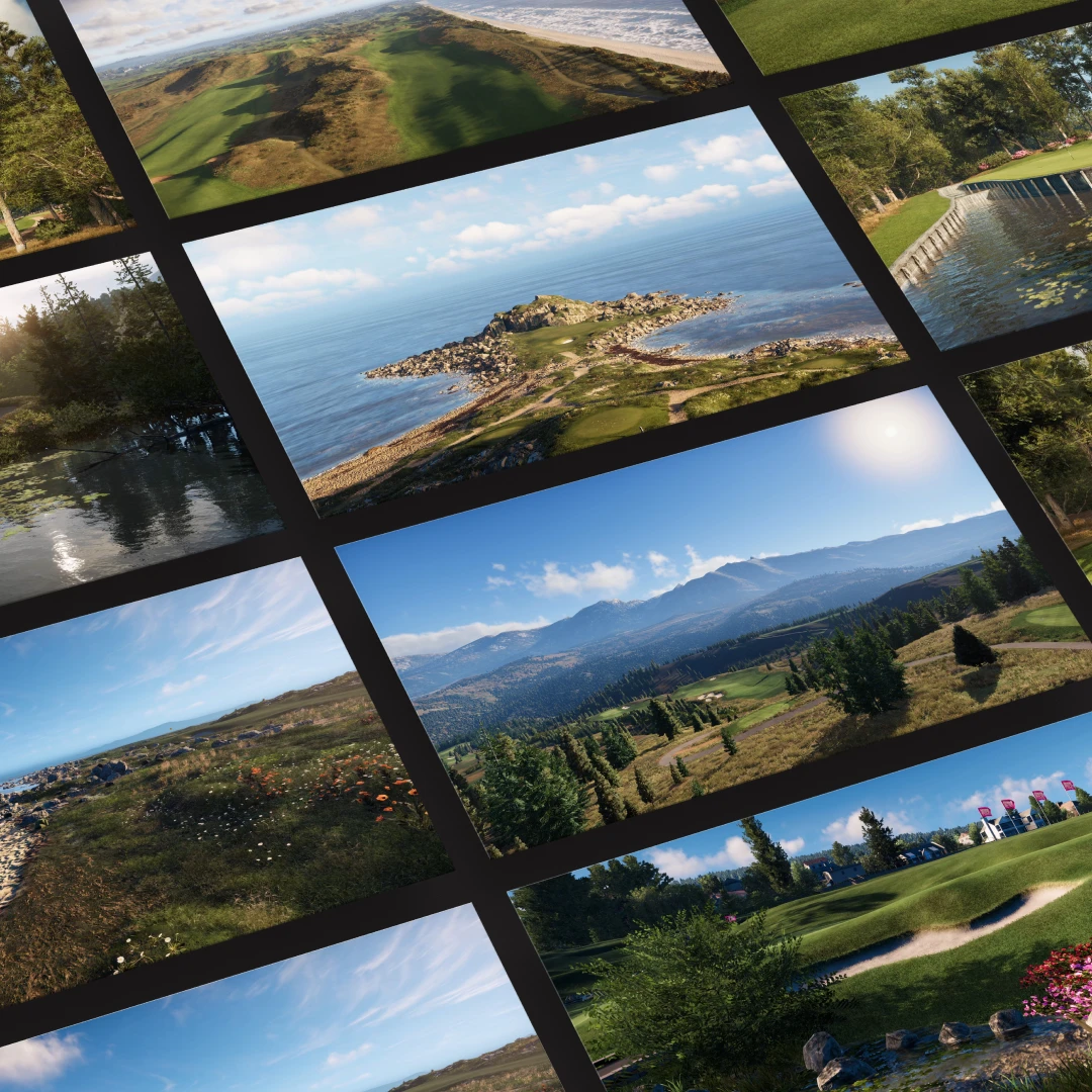 Collage of landscapes featuring coastal cliffs, dense forests, mountains, and manicured golf courses under clear blue skies.