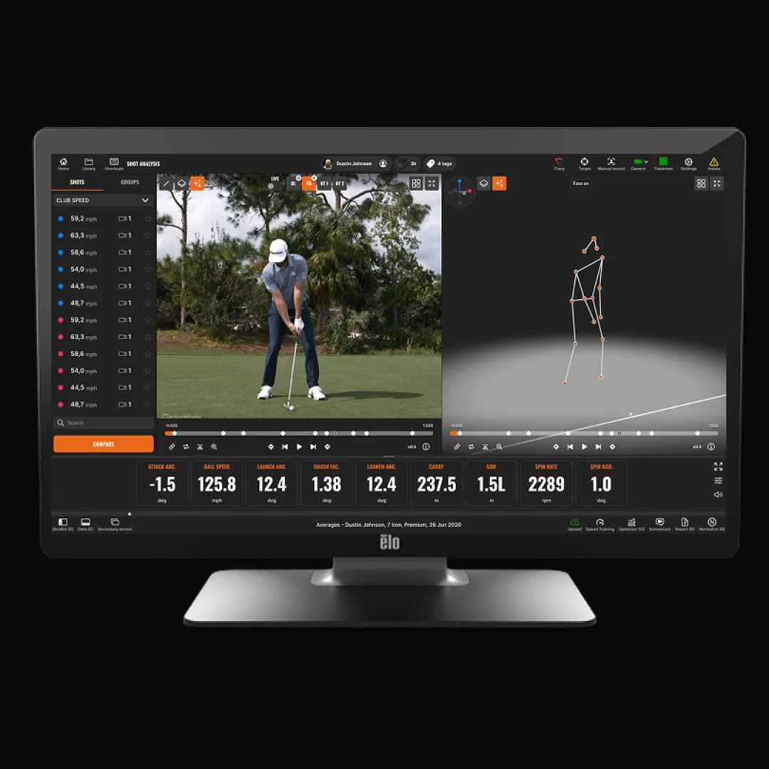 Monitor displaying golf swing analysis with video on the left and 3D motion capture on the right, alongside speed and angle data.