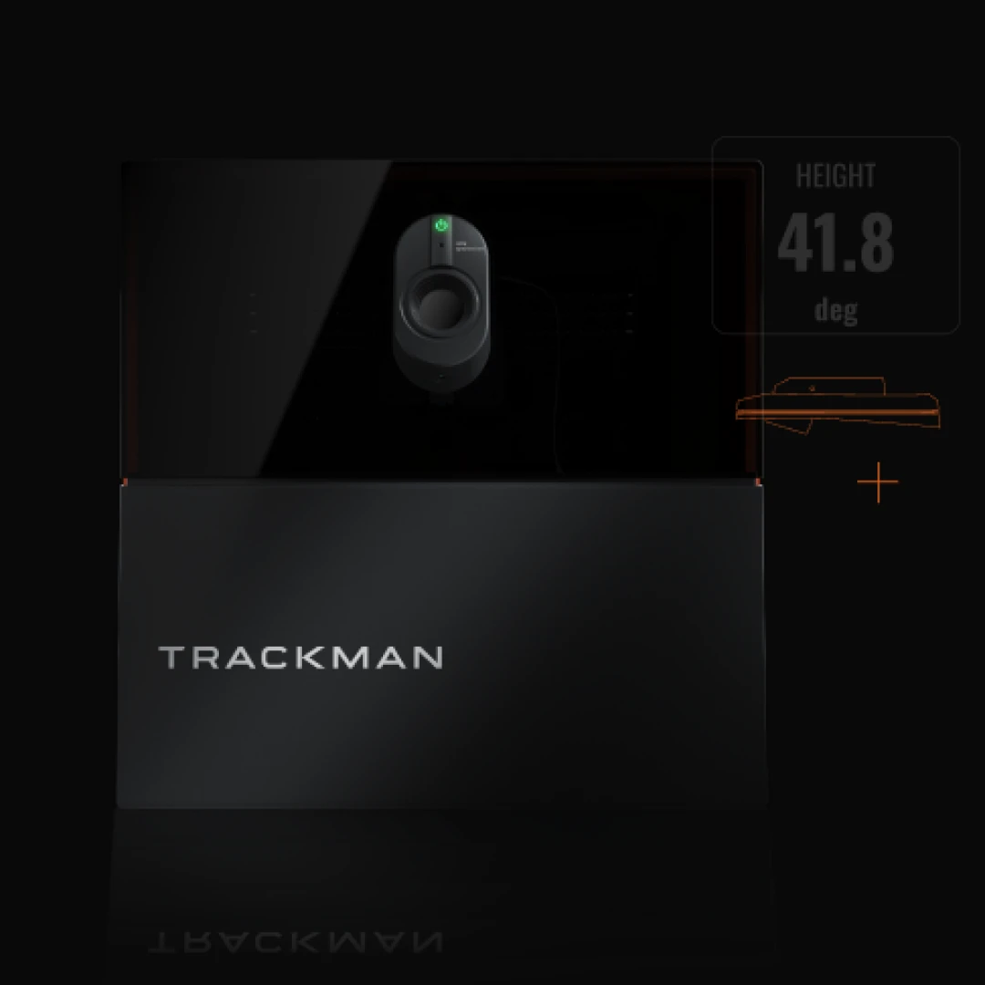 Trackman device with a camera and height indicator showing 41.8 degrees, on a dark background.