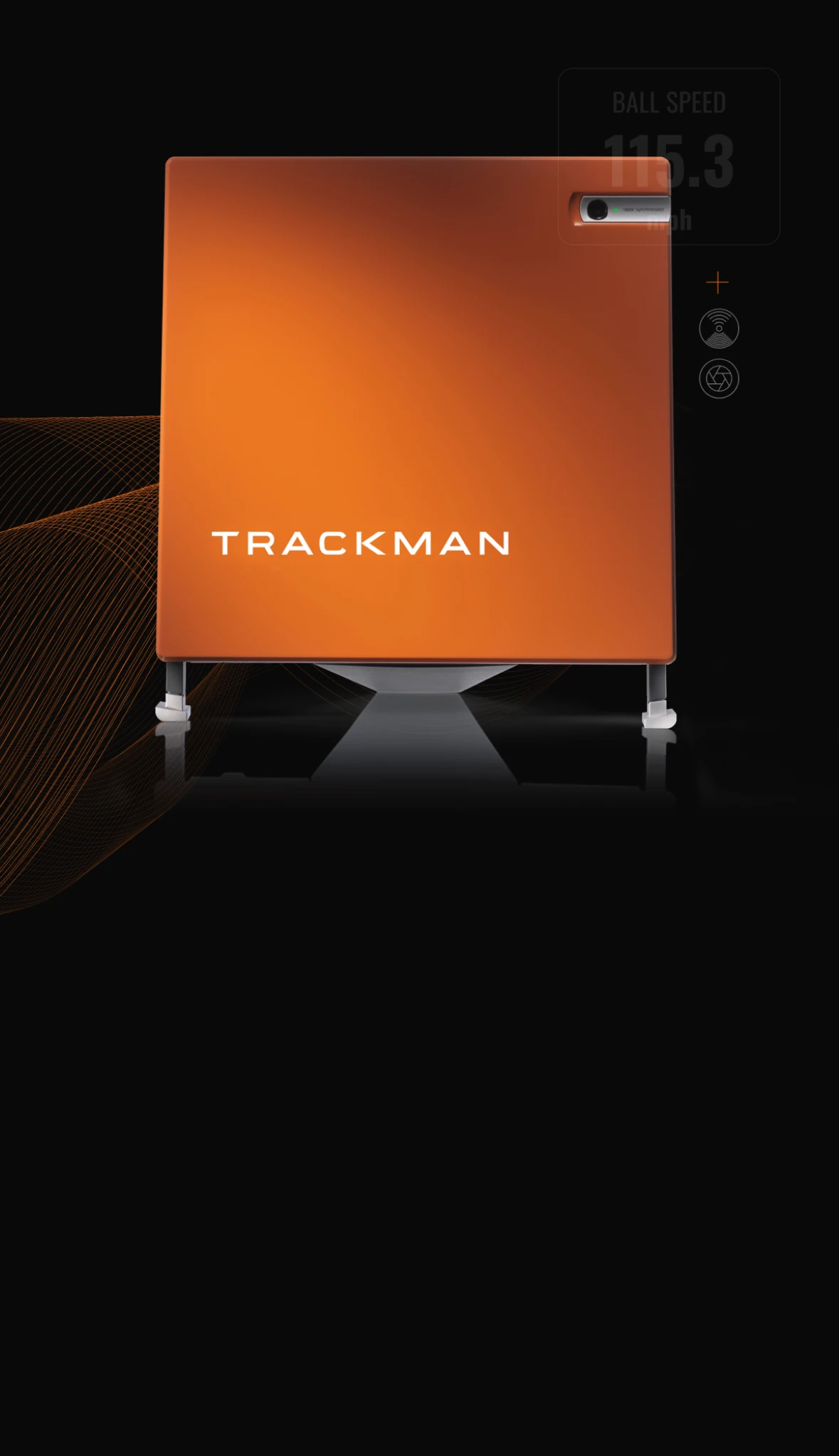 Trackman launch monitor in orange, displaying ball speed of 115.3 mph on a sleek black background with subtle design elements.