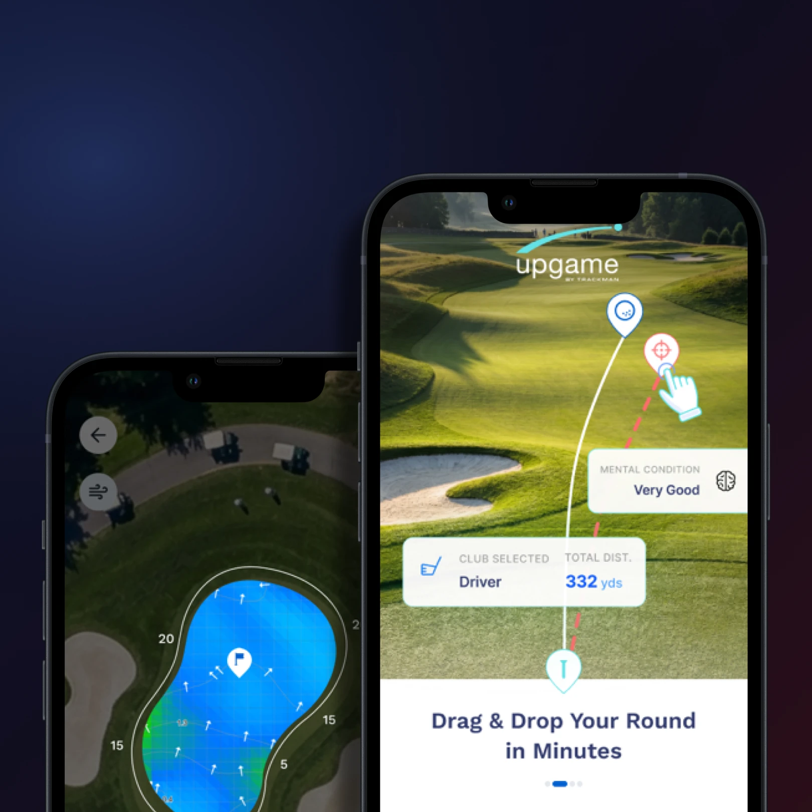 Two smartphone screens displaying a golf app with course maps and stats, like club selection and distance, against a dark background.