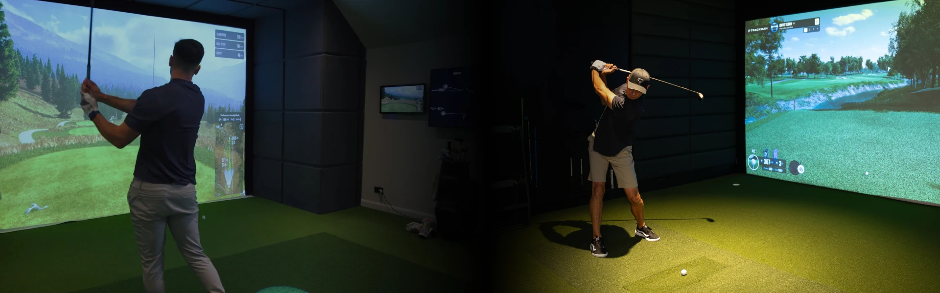 Two men swinging golf clubs in front of separate indoor simulators, each displaying a virtual golf course.
