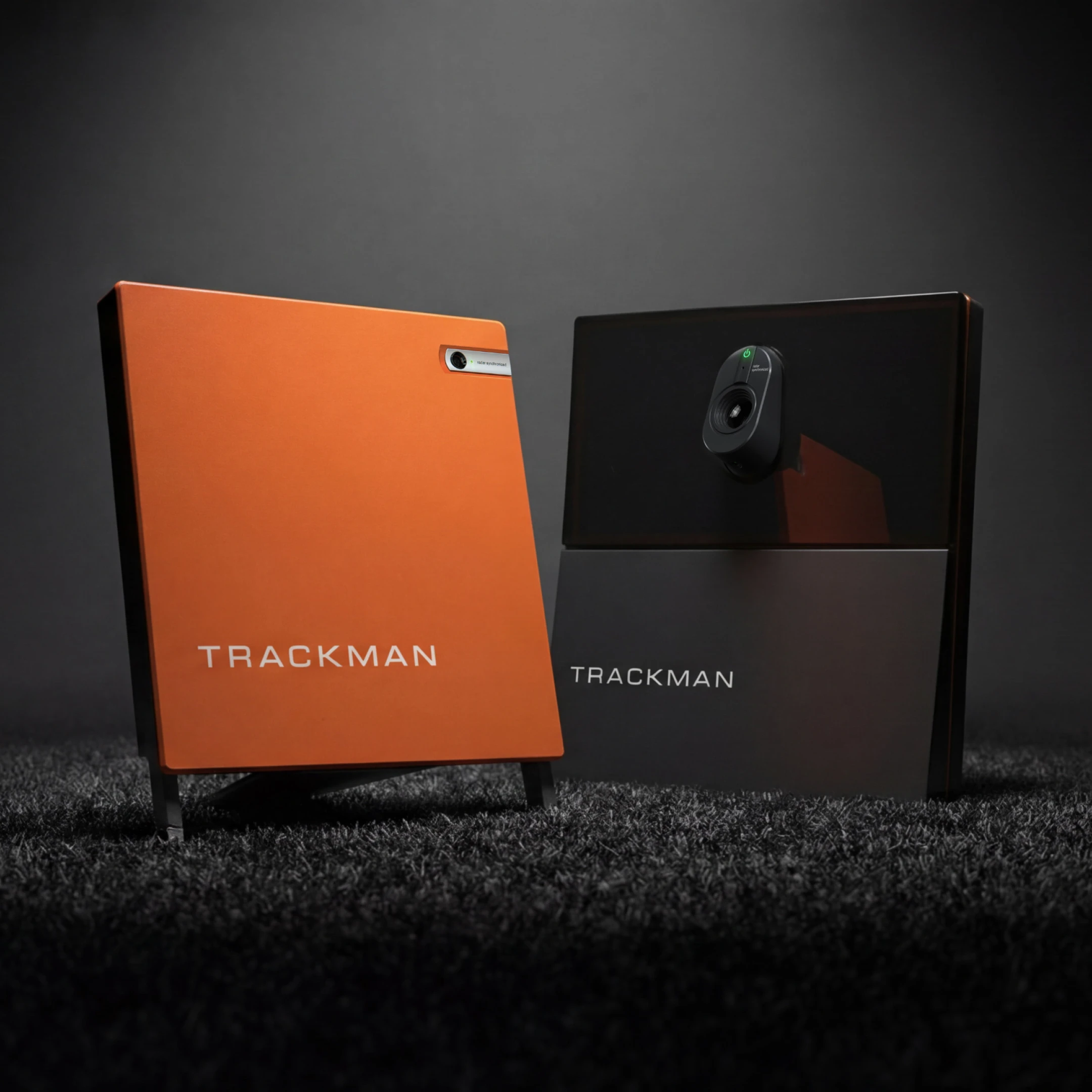 Two Trackman devices on a dark textured surface, one orange and one black, each with a camera and labeled "TRACKMAN."