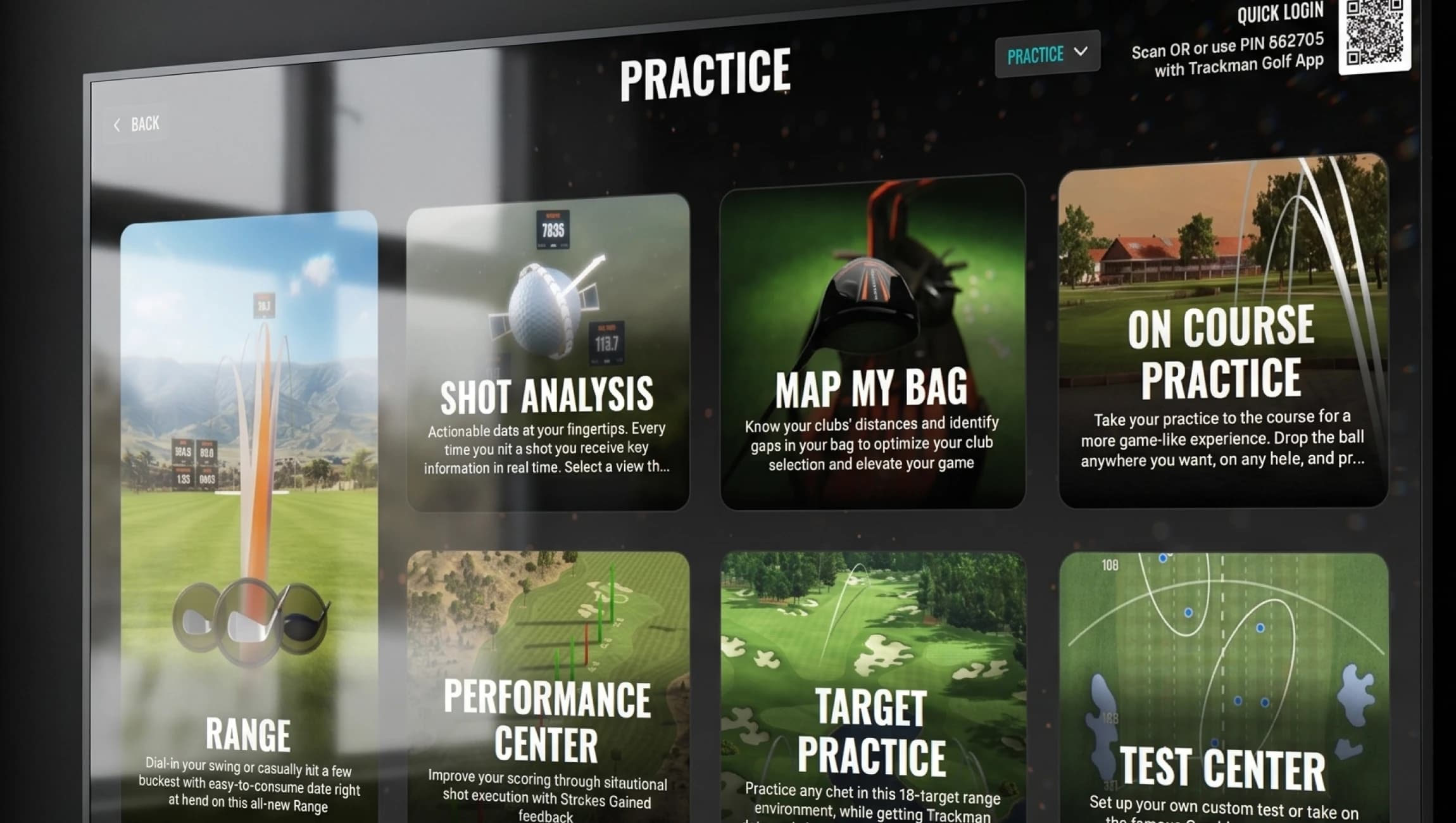 A screen showing golf practice options: Shot Analysis, Map My Bag, On Course Practice, Range, Performance Center, Target Practice, Test Center.