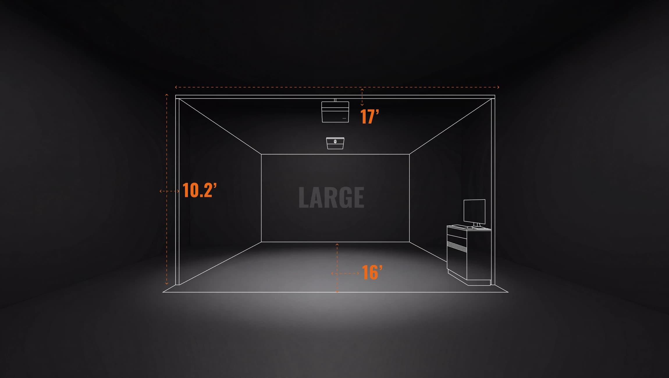 Diagram of a large room with dimensions: 10.2' high, 17' wide, and 16' deep. Features a desk with a monitor.