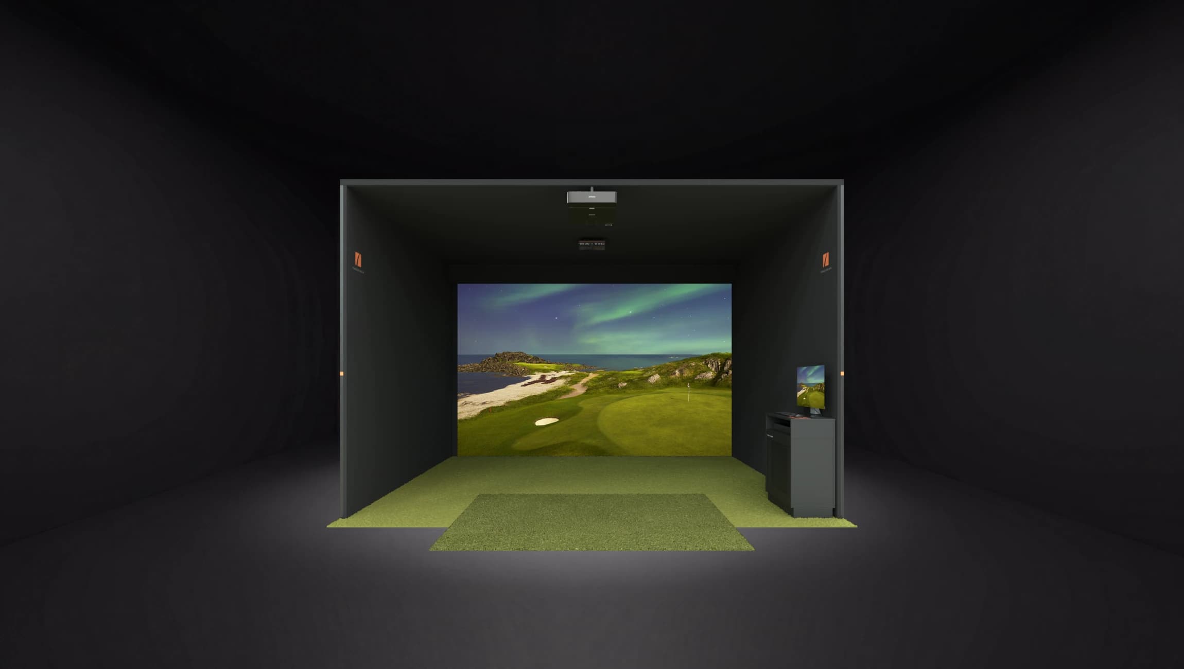 Indoor golf simulator with a scenic virtual golf course on the screen, featuring a green mat and a control console to the side.