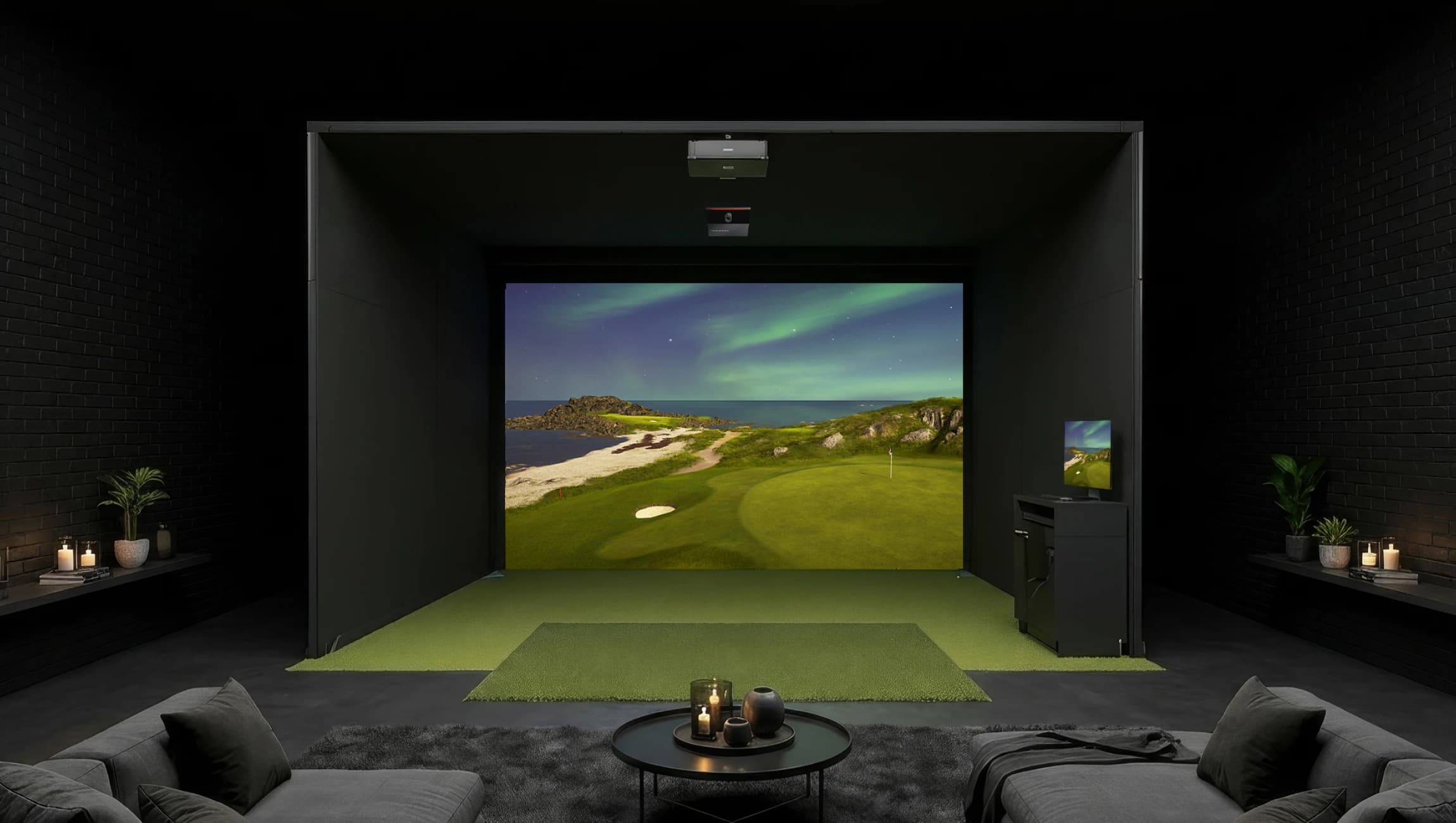 Luxury indoor golf simulator room with a realistic landscape display, cozy seating area, candles, and plants.