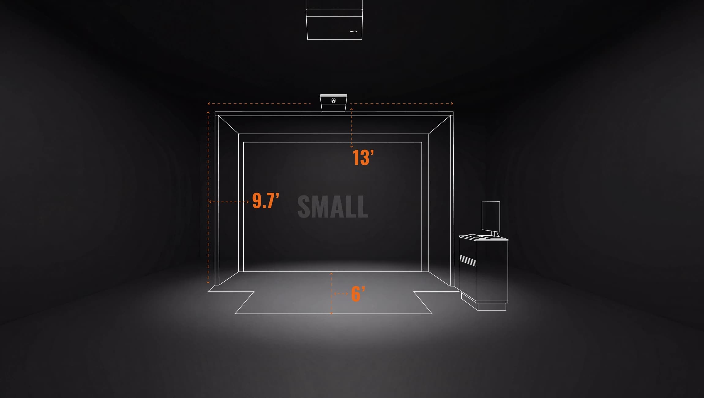 Outlined small room dimensions: 13' wide, 9.7' tall, 6' deep, with a desk and monitor on the right, and camera on top.