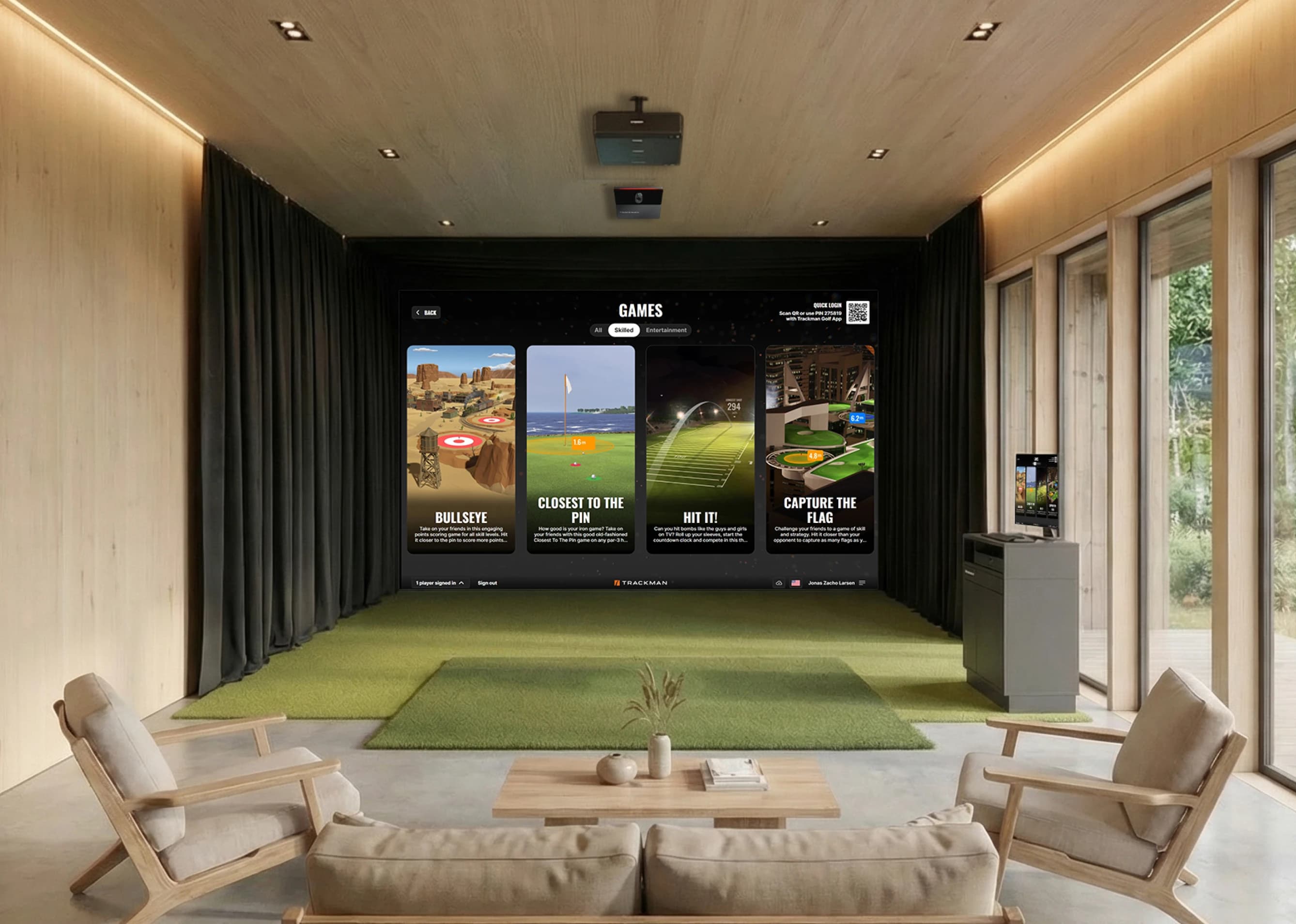 Modern home golf simulator room with a large screen displaying various game options, surrounded by wood-paneled walls and minimalist furniture.