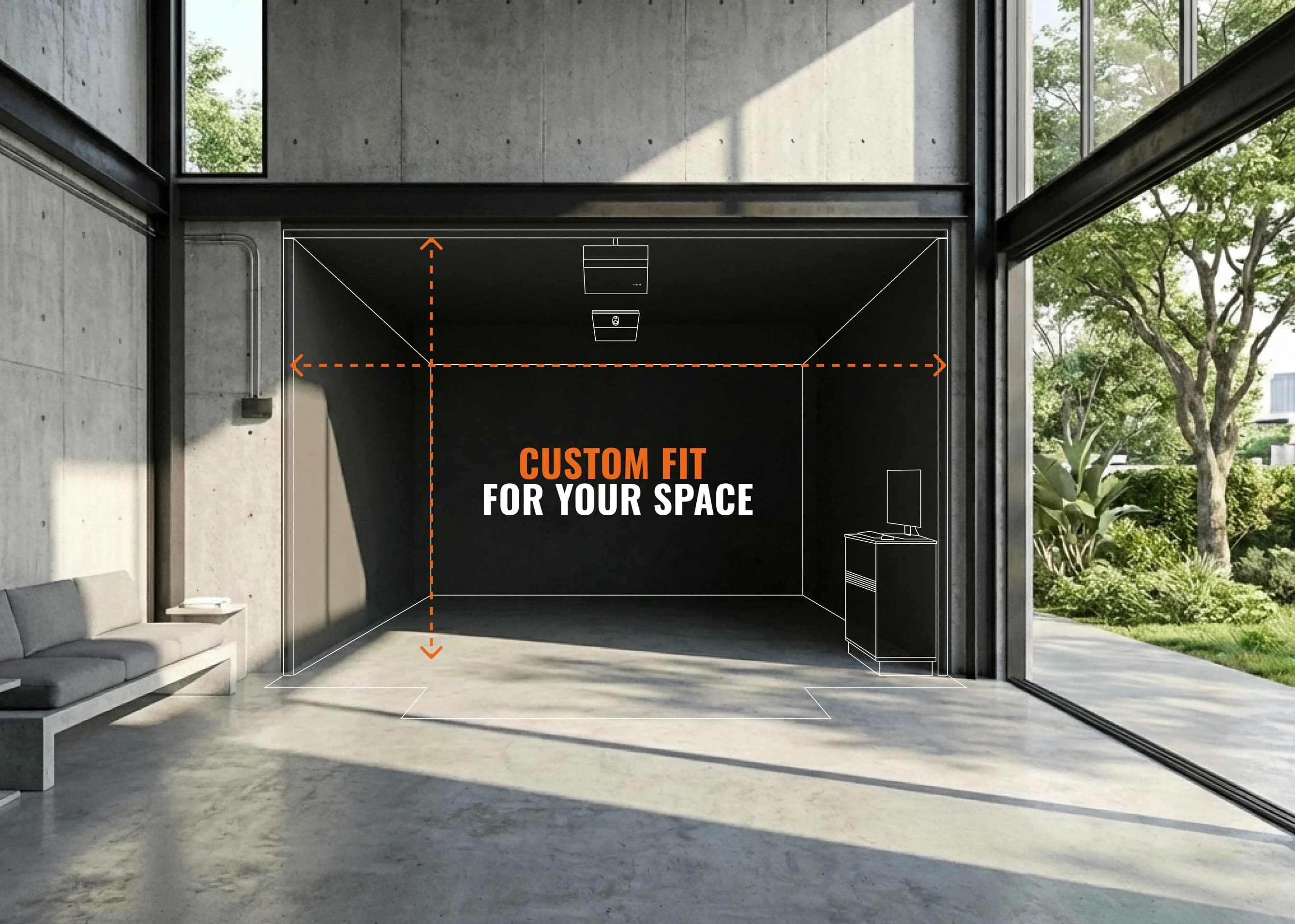 Spacious modern room with large windows, concrete walls, and interior dimensions marked for customization. Text reads, "Custom Fit For Your Space."