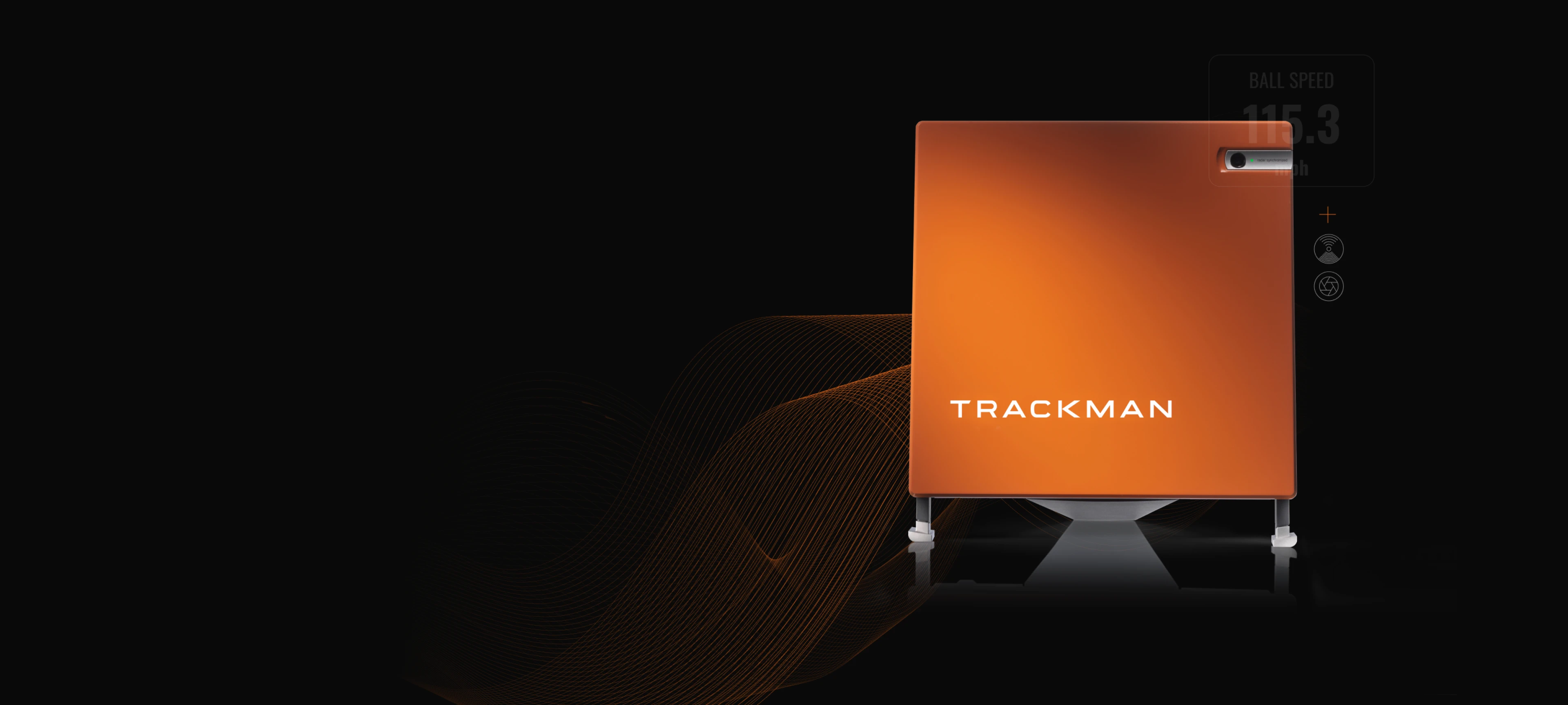 Orange "TRACKMAN" device against a black background with wave graphics, displaying ball speed readings.