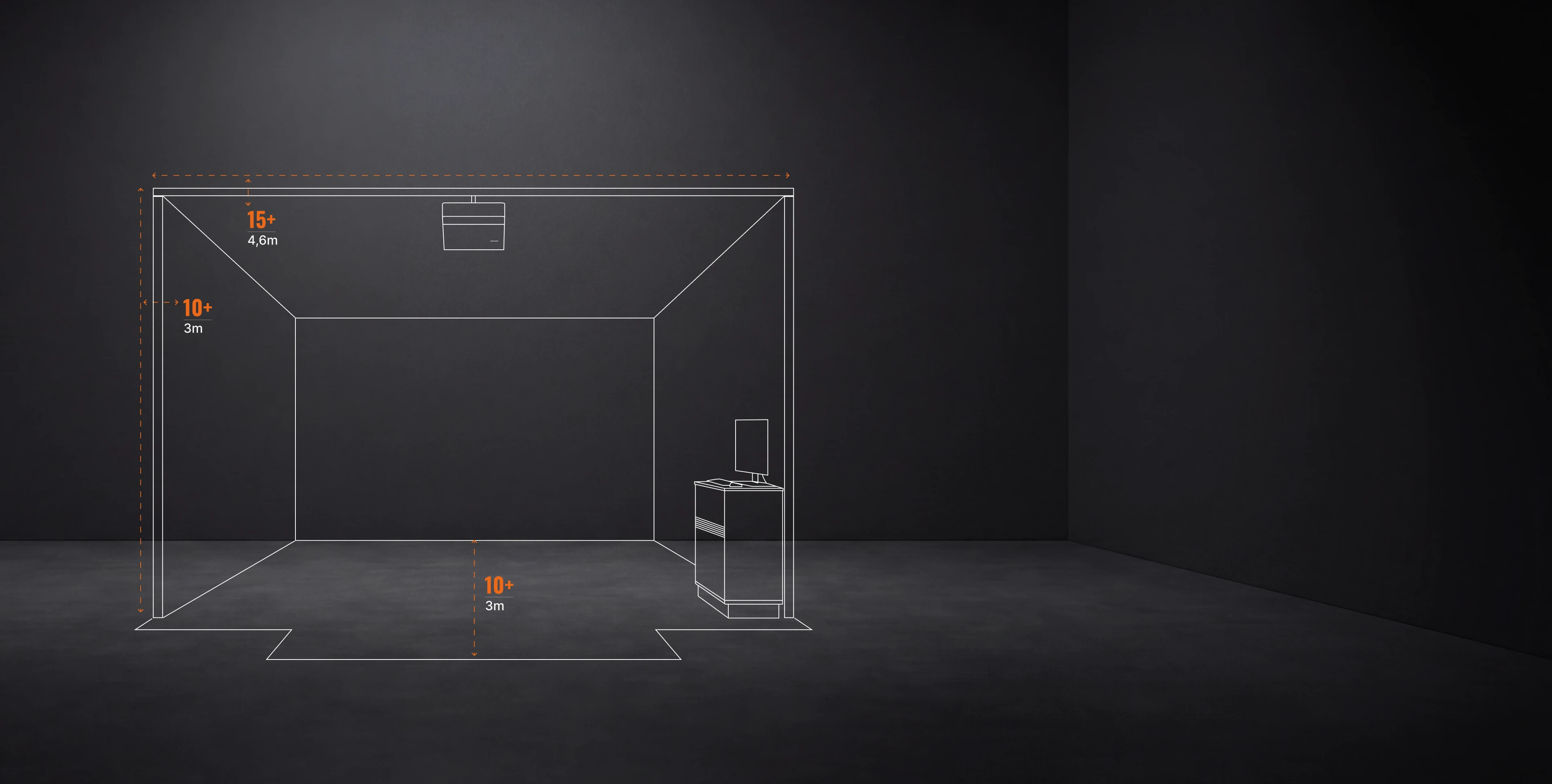 Outline of a rectangular room with dimensions 15+ (4.6m) by 10+ (3m), showing a computer on a desk in the corner, set against a dark background.