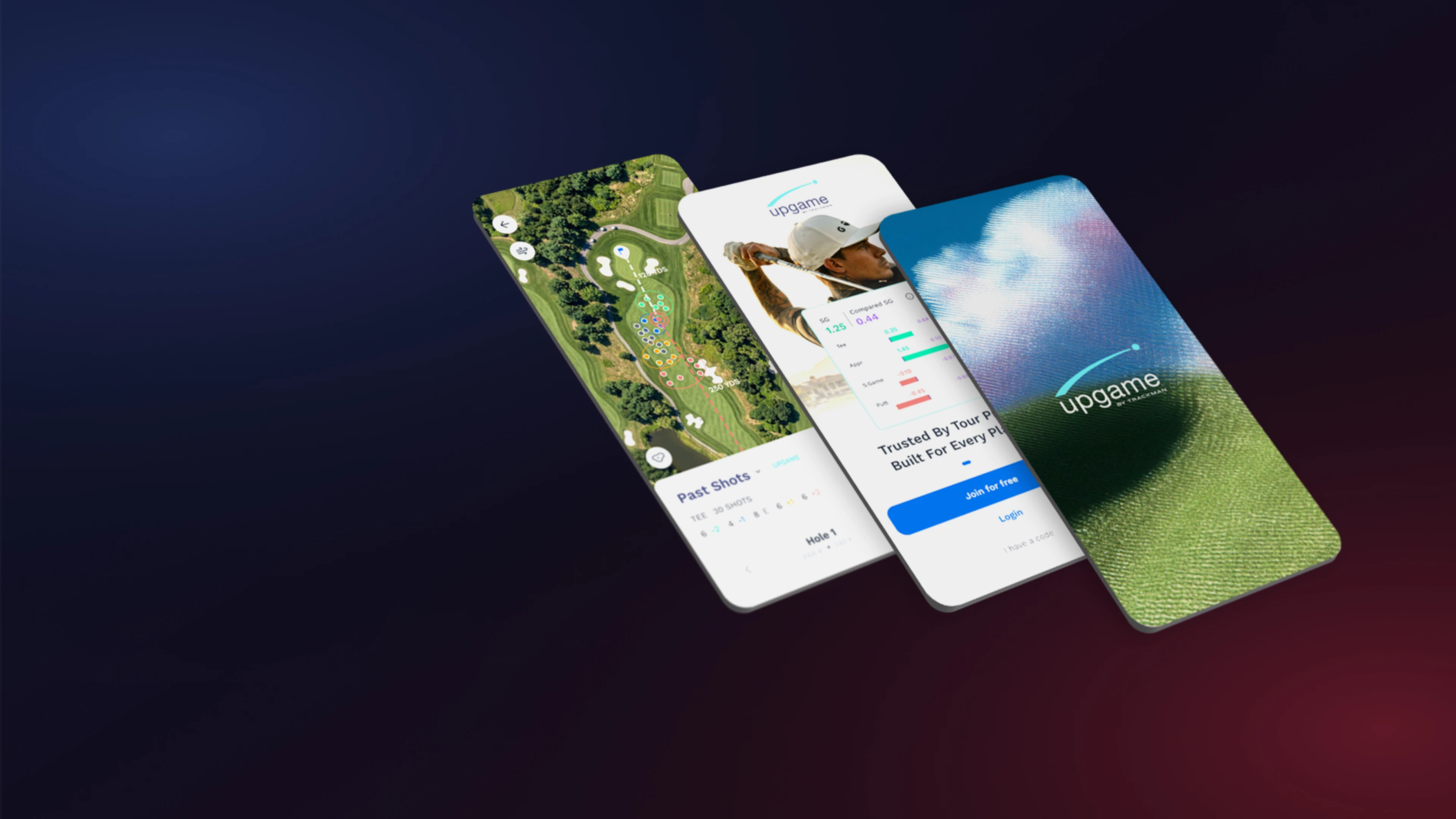Three smartphone screens display a golf app interface, showcasing course maps, player stats, and a login page against a dark background.
