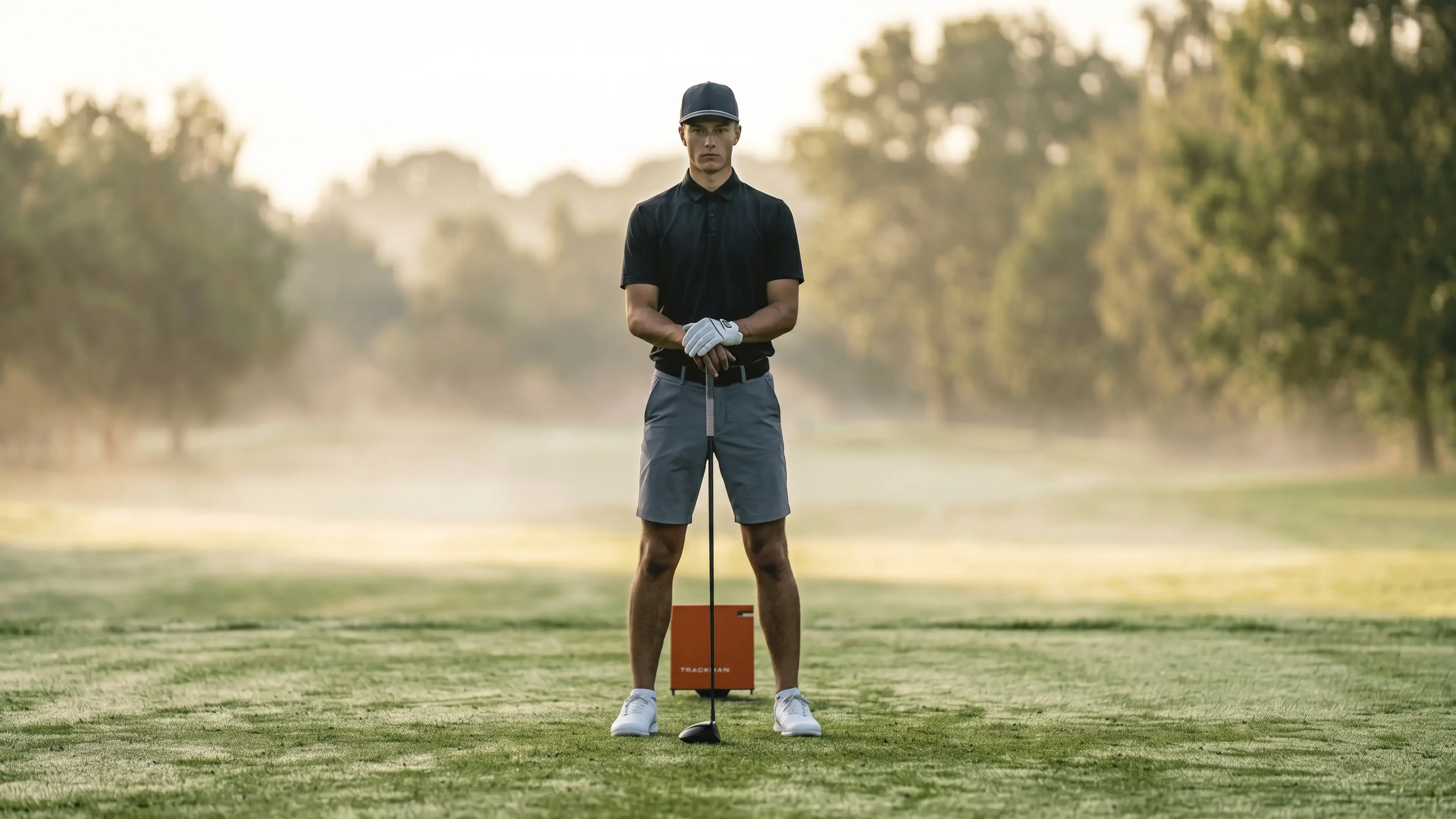 Golfer in a cap and gloves stands with a club on a misty golf course, surrounded by trees in soft morning light.