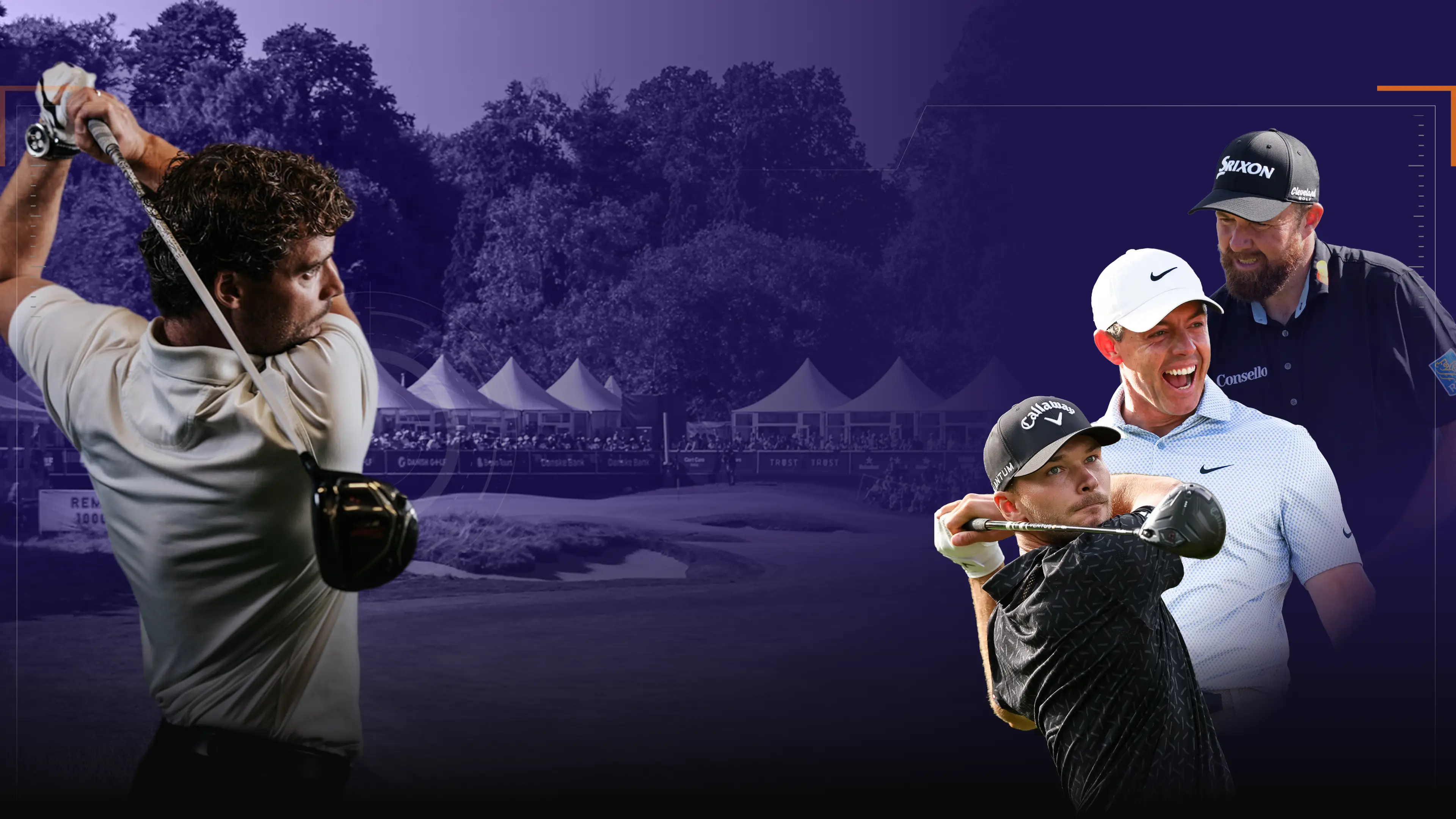 Golfers swing clubs on a course with tents and trees in the background, highlighted by a purple overlay.