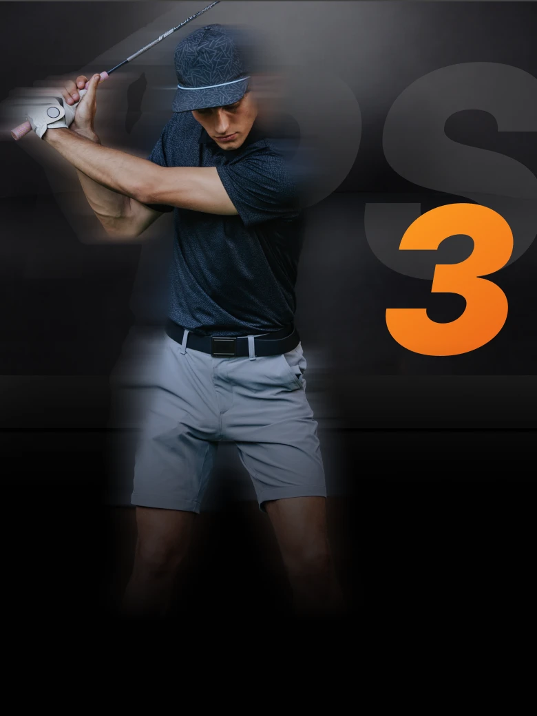Golfer swinging a club, wearing a cap and shorts, with the number 3 in bold orange on a dark background.