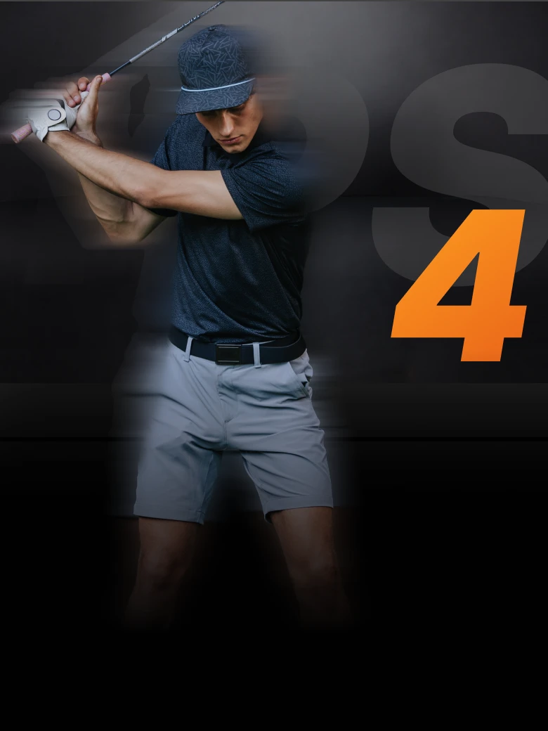 Golfer in mid-swing wearing a cap and shorts against a dark background with a large orange number 4.