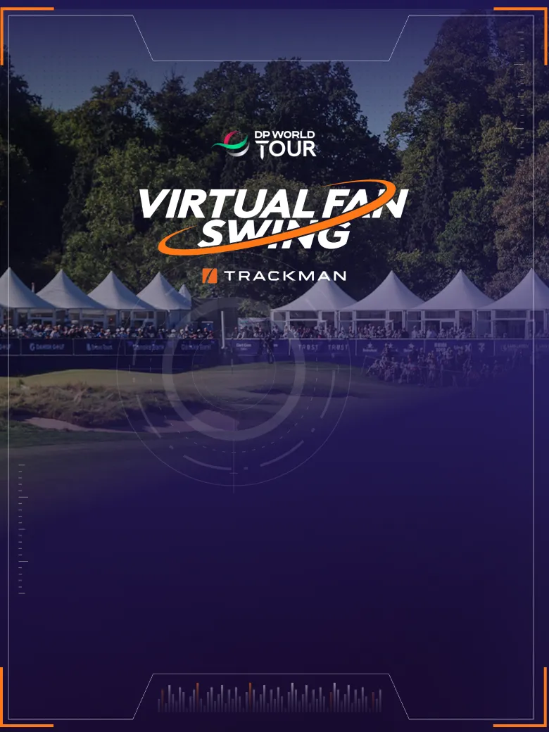 Promotional image for a virtual golf event titled "Virtual Fan Swing" by DP World Tour and TrackMan, with tents and trees in the background.