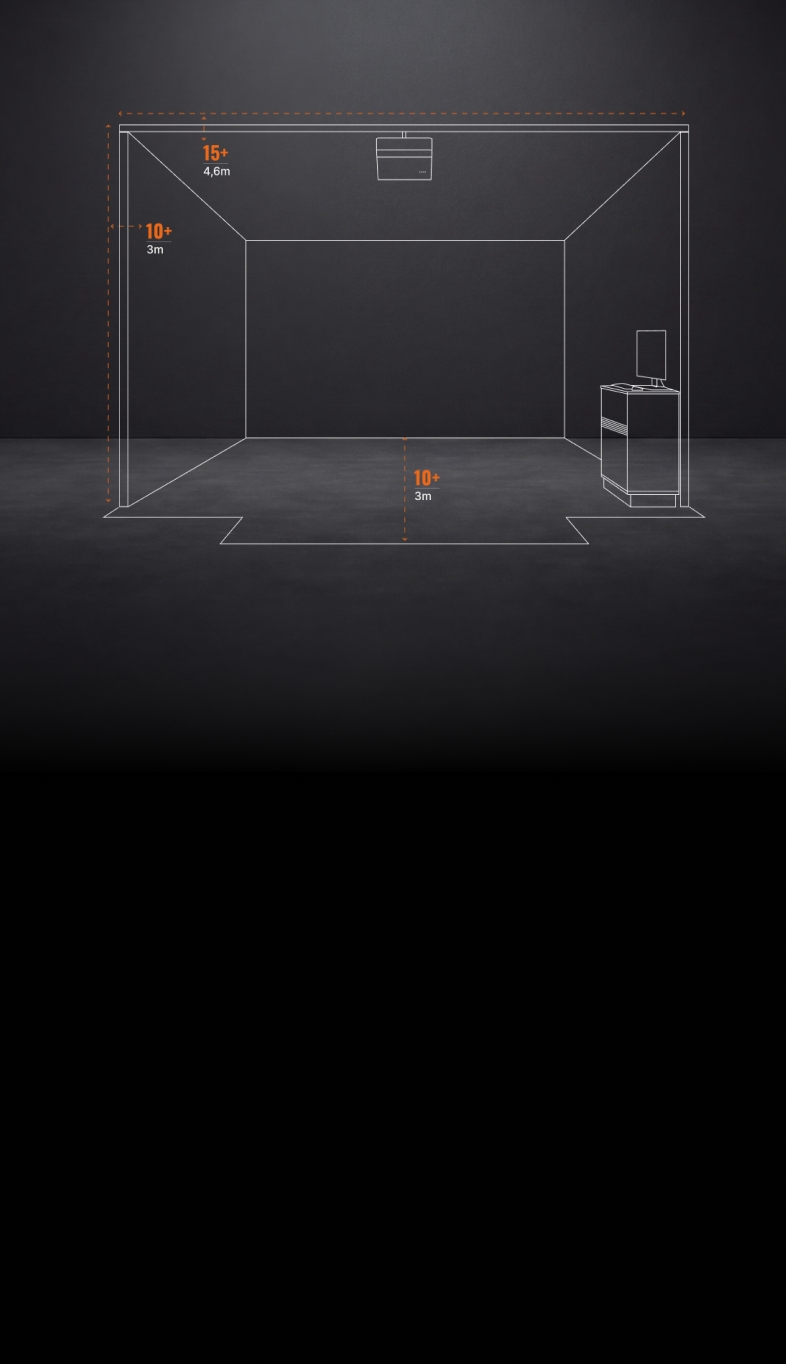 Simple room layout with dimensions: 15+ feet (4.6m) length, 10+ feet (3m) height and width. Cabinet and screen shown on the right.