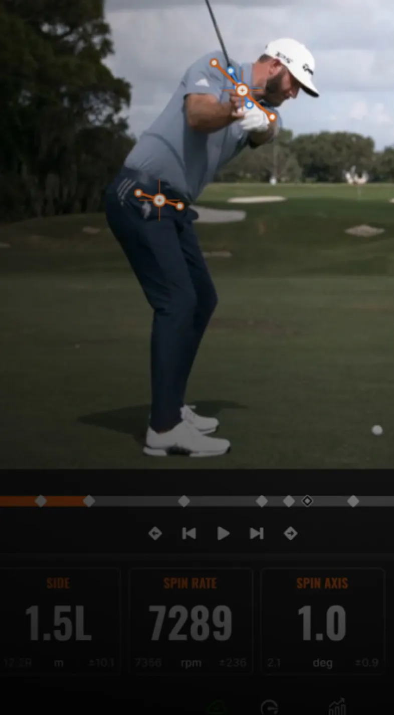 Golfer in mid-swing on a golf course, with analysis overlay showing spin rate and other metrics.