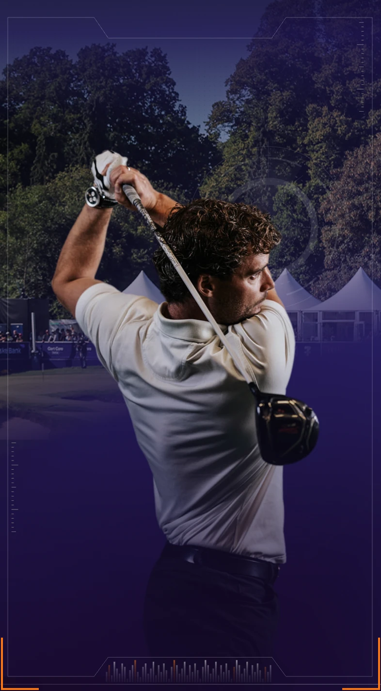 Golfer swinging a club on a course, tents visible in the background under a canopy of trees, framing the action against a purple gradient.