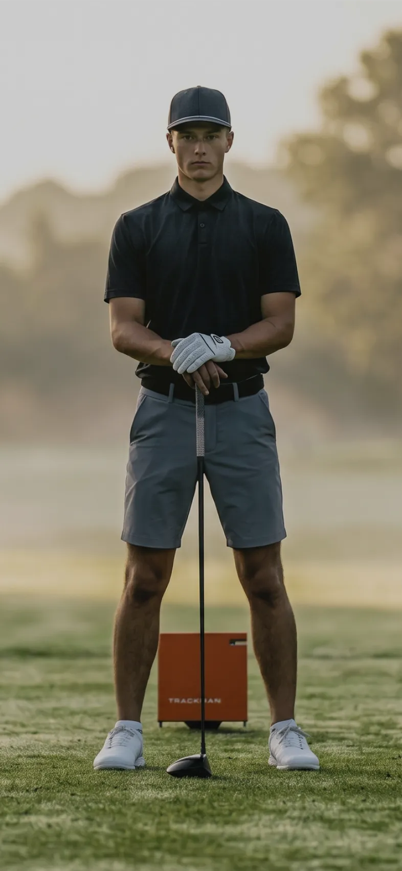 Golfer in black cap and shirt stands on course, hands on club, with an orange TrackMan device in the background.